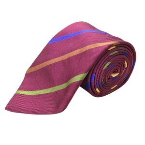 Paul Stuart Burgundy Silk Striped Tie Multicolor Accents Classic Design